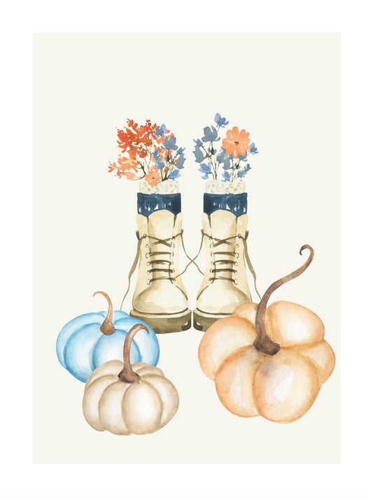 Charming Boots and Pumpkins - Rustic Autumn Nursery Wall Art Poster