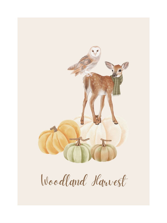 deer and owl with some pumpkins